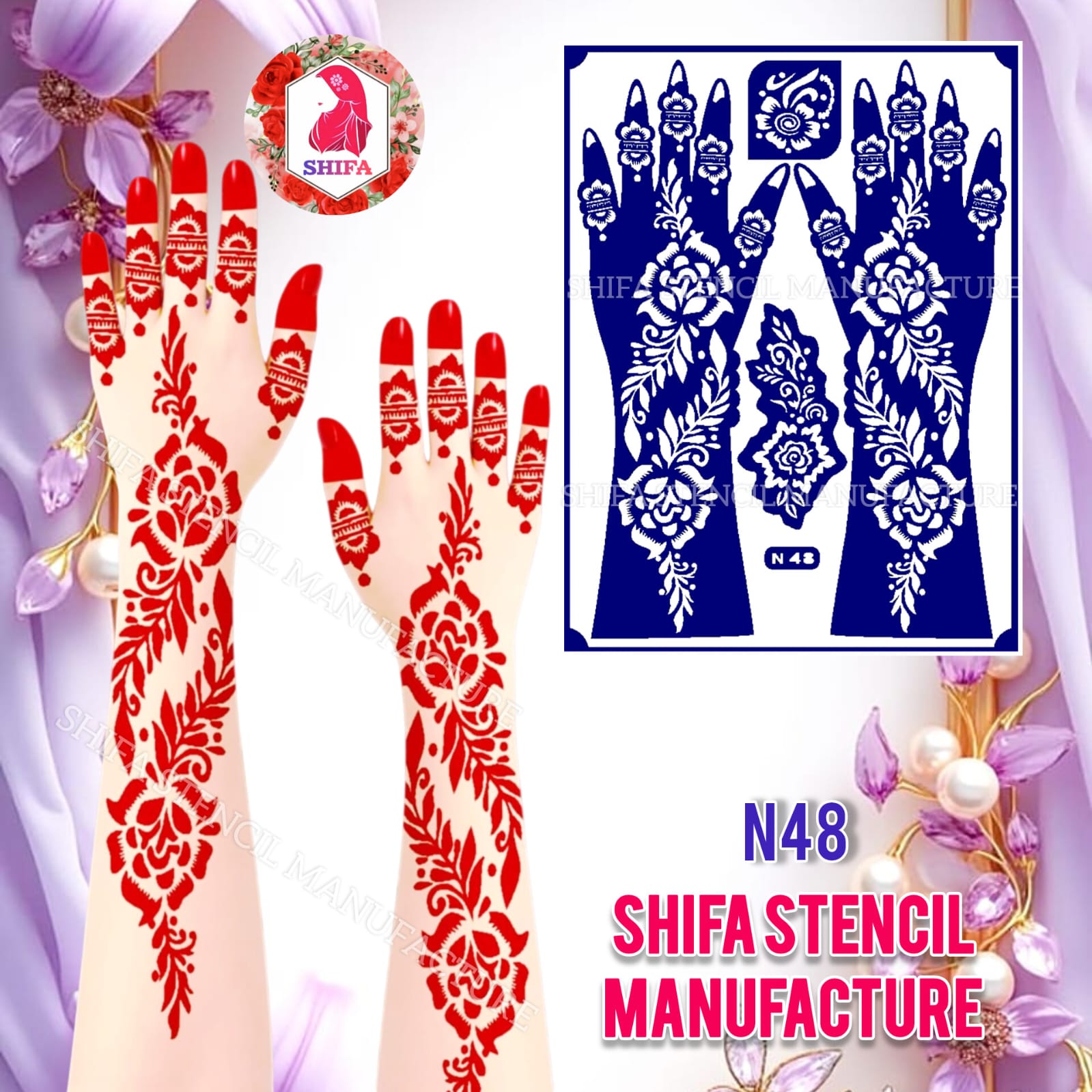 N 48 – Floral Vine Grace Theme Sticker Overview Henna Stencil - Shifa Stencil